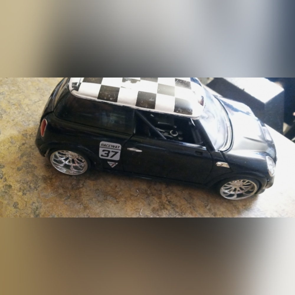 Black Mini Cooper Style Car Model with Checkered Roof - Automotive Decor 1/24 - Picture 2 of 10